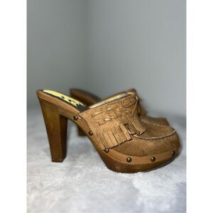 Vintage LEI Y2K Suede Fringe Chunky Platform Clog Mules Women’s 7